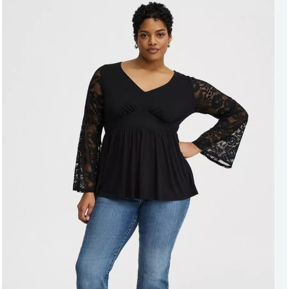 Torrid Slinky Lace Bell Sleeve Babydoll Top Black 2X 18 20 Romantic Goth Witchy